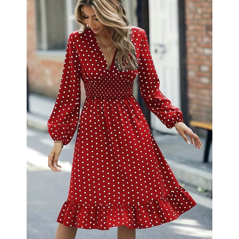 Retro V-Neck Ruffle Long Sleeve Polka Dot Midi Dress Red White M L XL Nwt